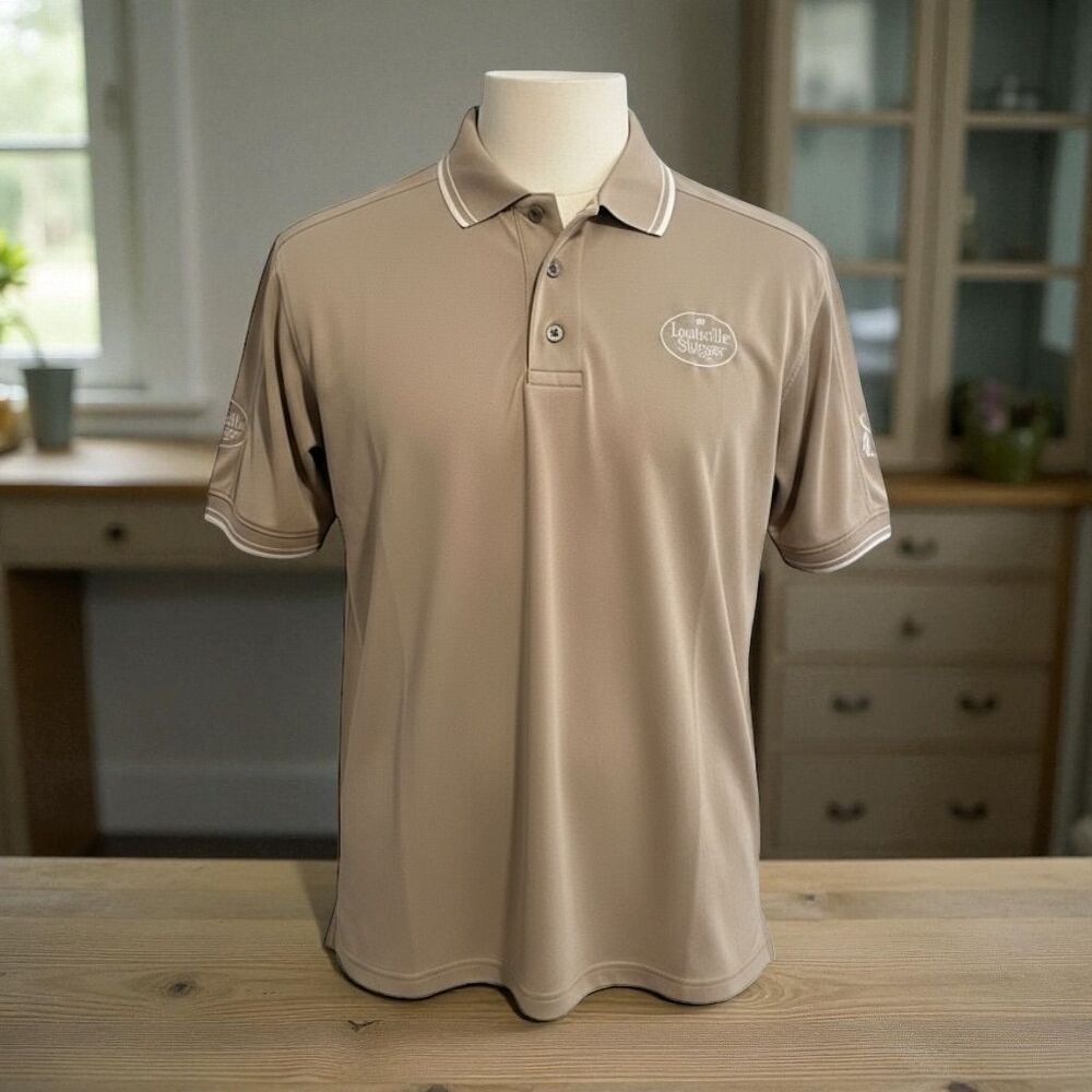 125 Louisville Slugger Men's Beige Polo Shirt Short Sleeve Embroidered Logo Lrg